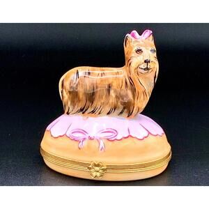 Authentic Hand-Painted Limoges Trinket Box – Yorkshire Terrier with Pink Bow